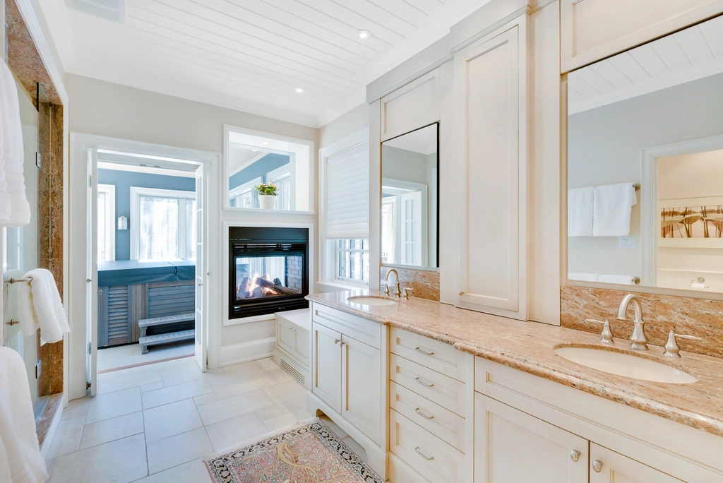 Bright bathroom with a long white double vanity